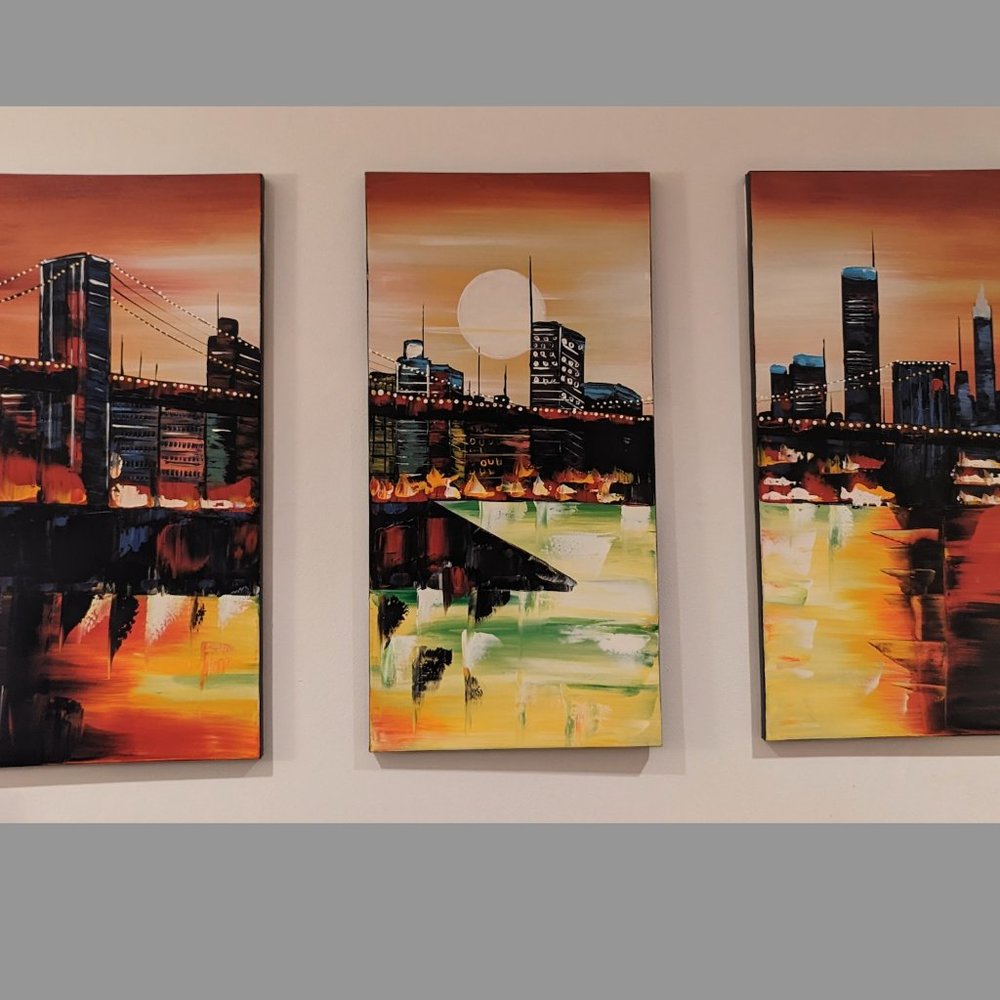 Large Abstract NYC Skyline Triptych - 3 Panel Canvas Wall Art 48x32 - New York - Picture 10 of 14